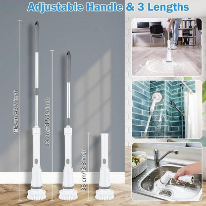 【D.P.C】Electric Spin Scrubber, 1 Piece Cordless Rechargeable Electric Cleaning Brush with 6 Replaceable Brush Heads, Electric Rotary Scrubber Brushes with Adjustable Extension Handle for Tile, Toilet, Floor, Household Cleaning Supplies